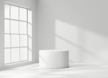 En Küçük Modern Beyaz Podyum Platformu Vitrin Gösterimi Pencereli 3B Hazırlama