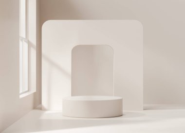 Ürün arkaplanı için minimum podyum açık kahverengi pencereli 3D görüntüleme