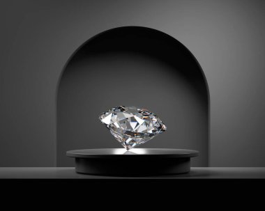 Siyah kürsünün arka planına yerleştirilmiş soyut elmas mücevher 3D