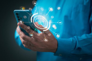 Young businessman is using a mobile phone to access security system,2FA two-factor authentication,cybersecurity concept on the internet,artificial intelligence technology symbol icon