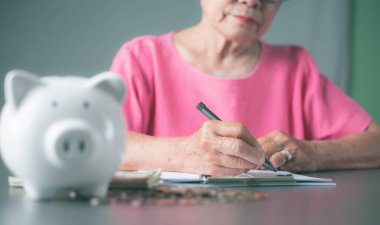 old senior woman sitting down and taking notes on finances in a notebook,financial and banking,Fund growth and savings