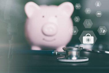 Stethoscope and piggy bank all on the table, health care savings, real estate ideas Finance and Banking Fund Growth and Savings artificial intelligence technology symbol icon