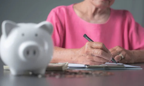 Finance and savings concept, old woman in pink shirt taking notes to plan retirement finances