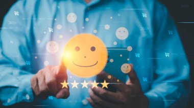 Male consumers use mobile phones to assess their satisfaction and provide online ratings and opinions, customer experience survey concepts for service and product use, and customer engagement.