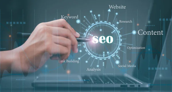 Marketers use pen to point to icons, SEO concepts, optimization analysis tools, search engine rankings, social media sites based on results analysis data. Customers use keywords to connect products.