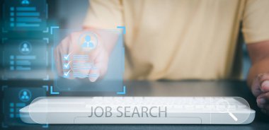 Job search and employment with online networking technology, recruiting careers and jobs from companies via the Internet, Businessman searching for information through a virtual screen.