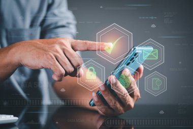 Internet cybersecurity concept, online cyber security, young man pointing to icon. Indicates the correct login through a high-security network.