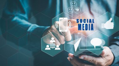 Young businessman using smartphone, internet social media concept, network connection, social marketing, global social media via smartphone, media data strategy analysis society