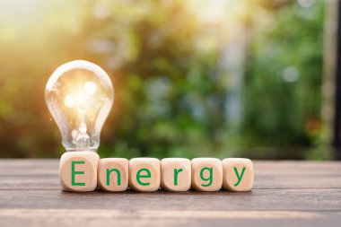 protecting the environment alternative energy Sustainable renewable energy sources Green energy innovation and environmentally friendly energy technology,wooden block is placed in front of the lamp