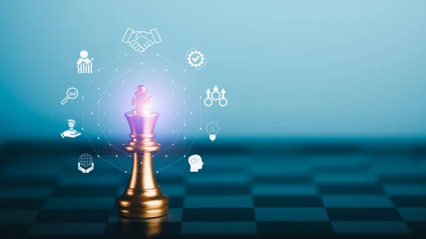 business success strategy ideas from teamwork, planning, brainstorming and creative problem solving methods, chess pieces and icons representing targeted growth development ideas.