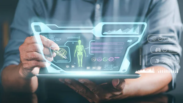 Doctors work with medical treatment icons on virtual screen interfaces, and electronic medical records on tablets. science and innovation Medical technology and networks