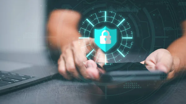 Businessmen use smartphones to connect data through authentication and privacy devices, online security protection technology, password authentication and cybersecurity