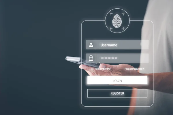 Approved cybersecurity and login authentication With AI database technology, business people use fingerprints to unlock the system and provide access, connection, security and online privacy.