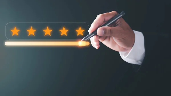 satisfaction rating customer service The best business scoring experience positive feedback Great Star Achievement Assessment business man pointing pen to five star review rating slider button