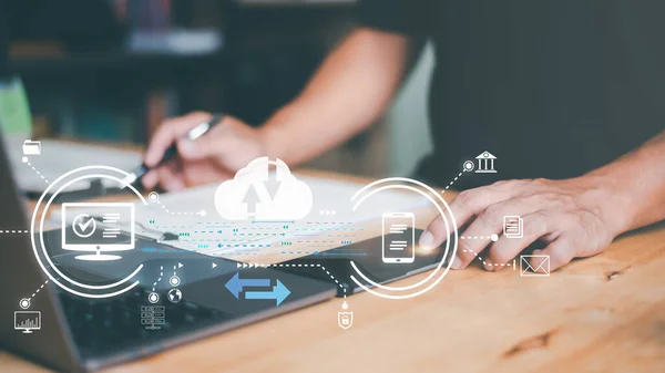 Businessmen transfer data from smartphone to laptop,exchange data files,with Internet cloud technology,Document,folder and backup management,digital sharing,international business network worldwide