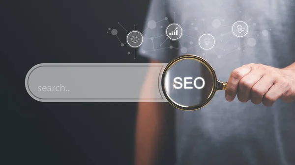 SEO Concepts Optimization Analysis Tool Search engine rankings Social media sites based on results analytics data, customers use keywords to link products,marketer holding a magnifying glass