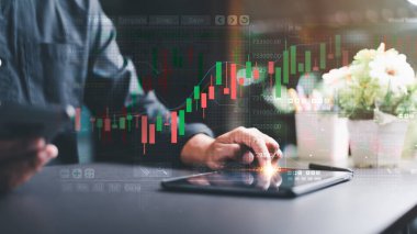 Businessmen or traders are showing off a growing stock of virtual holograms. to analyze and verify before trading stocks online concept and strategy business growth in stock market success planning