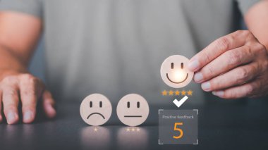 Male consumers rate their satisfaction. Customer Experience Survey Concept For service and product ,5 five star rating,showing great satisfaction. and ready to tell or recommend others