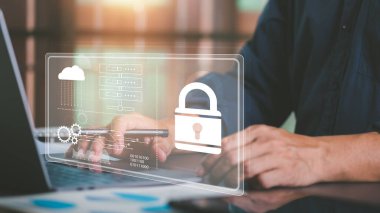 digital security unlock or encryption concept,secure login authorization,internet security,protection against cyber threats,Secure storage through cloud computing,Businessman showing login