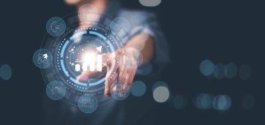 Business people and icons representing growth, development concept, business efficiency and growth, financial and economic success goals. Industry Leadership and business competitors