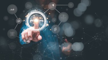 businessman pointing at an icon,marketing strategy ideas