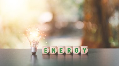 protecting the environment alternative energy Sustainable renewable energy sources Green energy innovation and environmentally friendly energy technology,Light bulbs and wooden blocks on the tabl