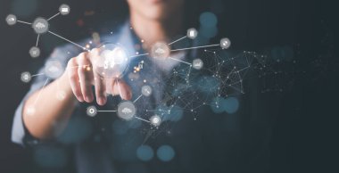 Cloud computing concept, digital network data connection technology, modern communication with information technology, innovation online backup with highly secure protection,man pointing ico