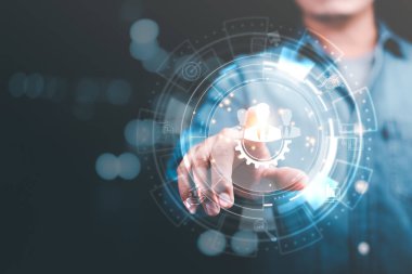 Human Resource Management ,Strategic planning for success through people business development concept by choosing professional leaders employee competency Teamwork, man pointing virtual icon