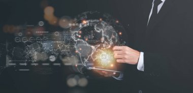 a man and virtual icon,modern cyberspace network technology concept,to communicate and connect information through a global society,innovative and scientific ideas,working through high speed internet