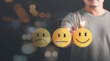 Male consumers rate their satisfaction and rate and review them online. Customer Experience Survey Concepts for Services and Products ,Evaluation and Audit,of consumers in online society
