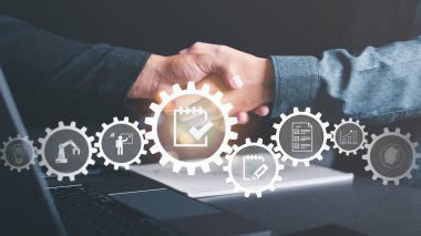 business people shaking hands indicating agreement business,concept progress in development, financial efficiency and investment with business strategy for goals and opportunities in industry future