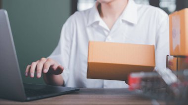 Startup or small business entrepreneur , check the sales from the website,order management in online stores, shopping on the internet,Selling online on the Internet,SME,shipping boxes,e-commerce,