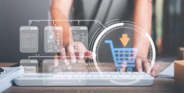 Analysis of online merchandising business reports, with charts and market statistics, shopping carts and promotional items, ecommerce concept and online selling website 