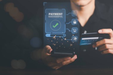 successful payment businessman through smart phones with modern technology,wallet app, banking and online shopping,Wireless financial transactions,Shopping service on The online web,Consumer society 