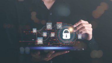 businessman connected network with virtual icon,internet security concept, cyber security online, digital security unlocking or encryption, secure login authorization,Protecting data from theft 