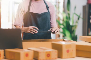 Startups or Small Business Entrepreneurs, Pack products for delivery, manage orders in online stores, shop online, sell online on the internet, SME, e-commerce,dropshipping delivery service concept