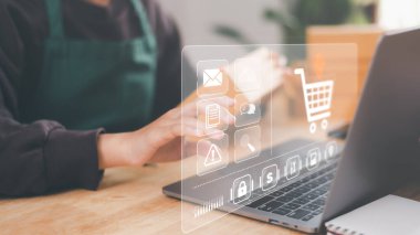 Analysis of online merchandising business reports, with charts and market statistics,shopping carts and promotional items, ecommerce concept and online selling website,Startup or small entrepreneu