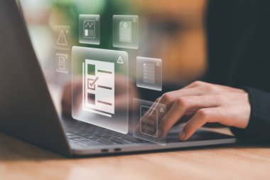 Businessman checking the steps through a virtual online document with a list of checkboxes Concepts of practices and policies, company articles of association Terms and Conditions	