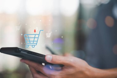 Male customer and shopping basket icon ,Consumer society ,Shopping service on online web and offers home delivery ,Connecting stores around the world ,show orders for products ,online payment