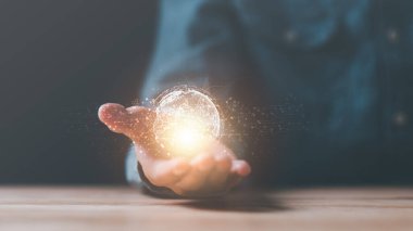 a man and virtual icon,modern cyberspace network technology concept,to communicate and connect information through a global society,innovative and scientific ideas,working through high speed internet