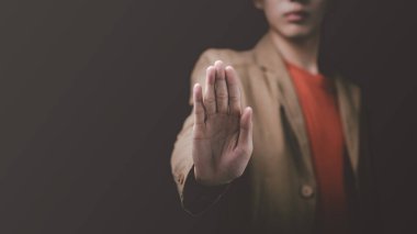 man hand stop sign, warning concept, refusal, caution, symbolic communication, preventing subsequent problems,Help Prevent Piracy, Stop Violence,Warning gestures to stop and check safet