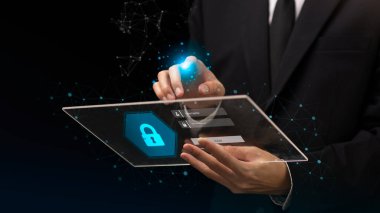 Veri koruma kavramı ve güvenli internet güvenlik erişimi, siber güvenlik teknolojisi, kullanıcı adınız ve şifrenizle çevrimiçi veritabanına giriş, siber güvenlik, hırsızlardan veri korunması