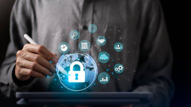 Veri koruma kavramı ve güvenli internet güvenlik erişimi, siber güvenlik teknolojisi, kullanıcı adınız ve şifrenizle çevrimiçi veritabanına giriş, siber güvenlik, hırsızlardan veri korunması