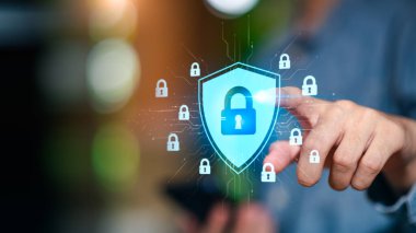 Siber güvenlik teknolojisi, kullanıcı adınız ve şifrenizle çevrimiçi veritabanına giriş, siber güvenlik, verilerin hırsızlardan korunması, veri koruma kavramı ve güvenli internet güvenliği erişimi