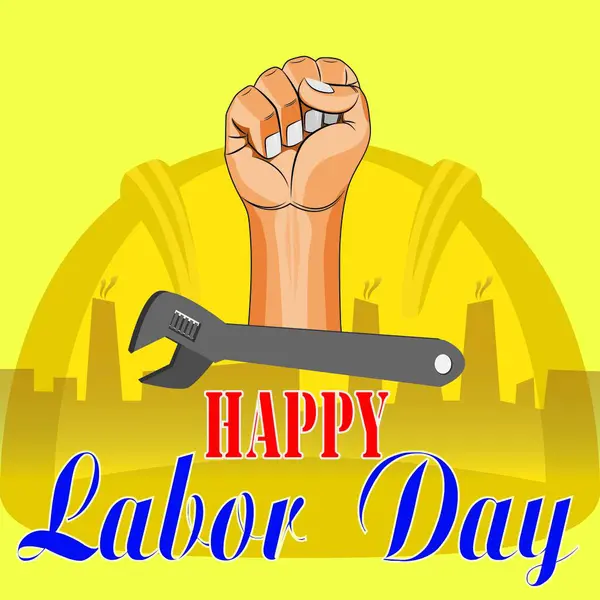 Labor Day Icon Fist Wrench Factory Silhouette Yellow Helmet Background — Stock Vector