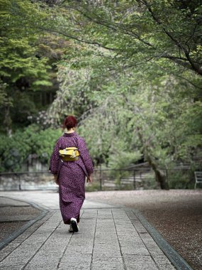 Narin desenleri olan mor bir kimono giyen zarif bir kadın, yeşil ağaçlar ve yumuşak çiçeklerle çevrili sakin bir bahçe bahçesindeki taş patikada sakince geziniyor. Canlı sarı bir obi onun varlığını vurguluyor. Sahne huzur ve bağlılık hissi uyandırıyor.