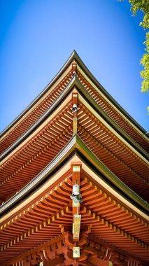Geleneksel Japon tapınağı çatısının havadan görünüşü, özenle hazırlanmış mimari elementler, simetrik çizgiler ve açık mavi gökyüzü altında renkli detaylar..