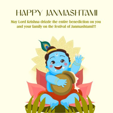 Mutlu Krishna Janmashtami festivali. Janmashtami festival vektörü Lord Krishna flüt vektör illüstrasyon arka plan, pankart, dijital posta, poster ve kart tasarımı oynuyor