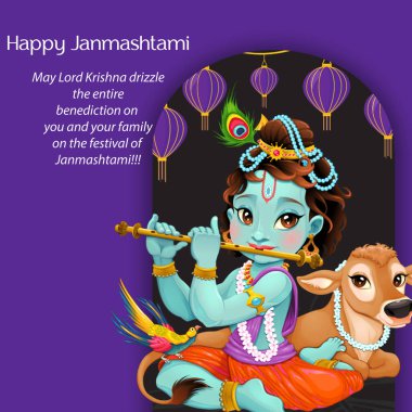 Mutlu Krishna Janmashtami festivali. Janmashtami festival vektörü Lord Krishna flüt vektör illüstrasyon arka plan, pankart, dijital posta, poster ve kart tasarımı oynuyor