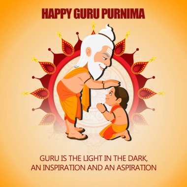 Mutlu Guru Purnima Gautama Buda, siluet, yıldızlar, Mandala. Geleneksel Festival Poster Tasarım Şablonu.